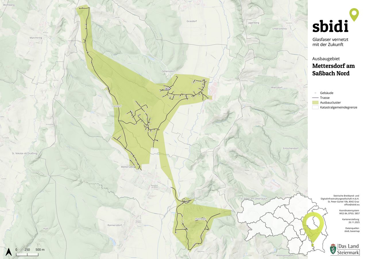 A map showing various areas in green with labeled locations such as Zehersdorf, Rannersdorf, and Rohrbach, highlighting a hiking trail network through mountainous terrain.