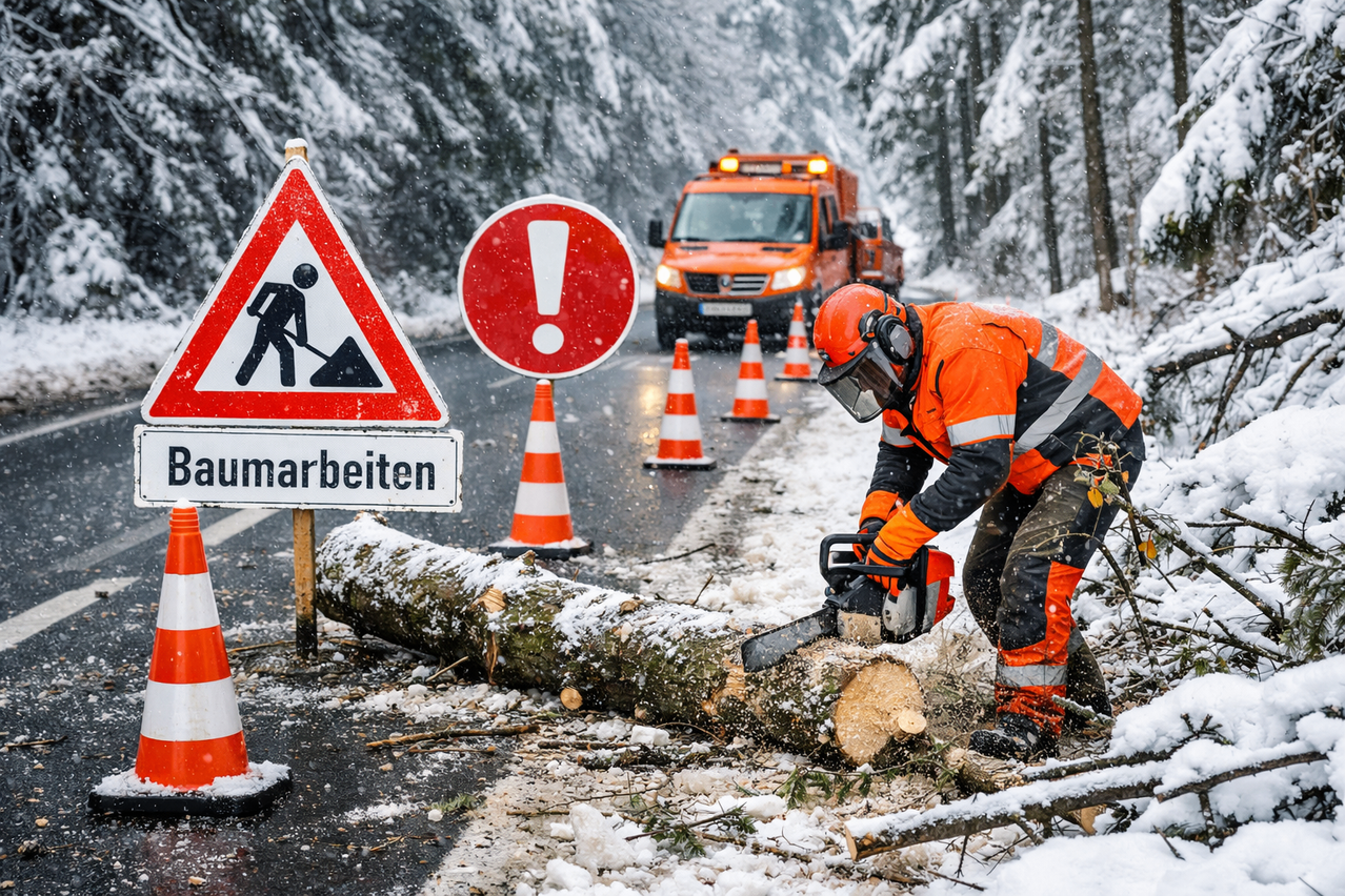 A worker in an orange uniform is using a chainsaw to cut down a tree on a snowy road, with traffic signs and traffic cones around.