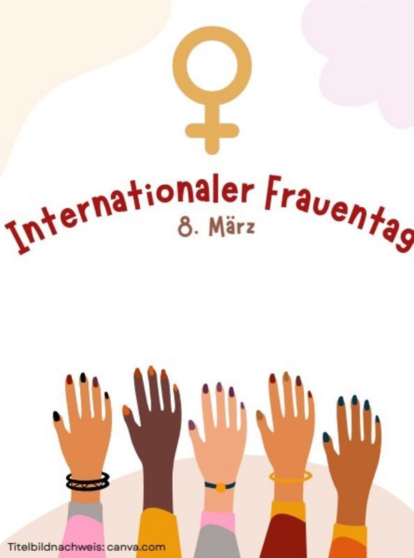 Illustration von erhobenen Händen mit 'Internationaler Frauentag 8. März' darüber und einem weiblichen Symbol oben.