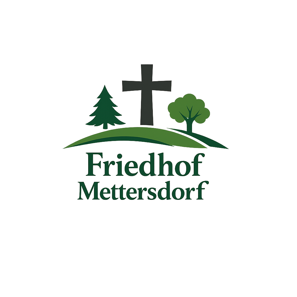 Ein schwarzer Hintergrund mit einem Logo für Friedhof Mettersdorf, das ein Kreuz, zwei Bäume und einen grünen Hügel zeigt.