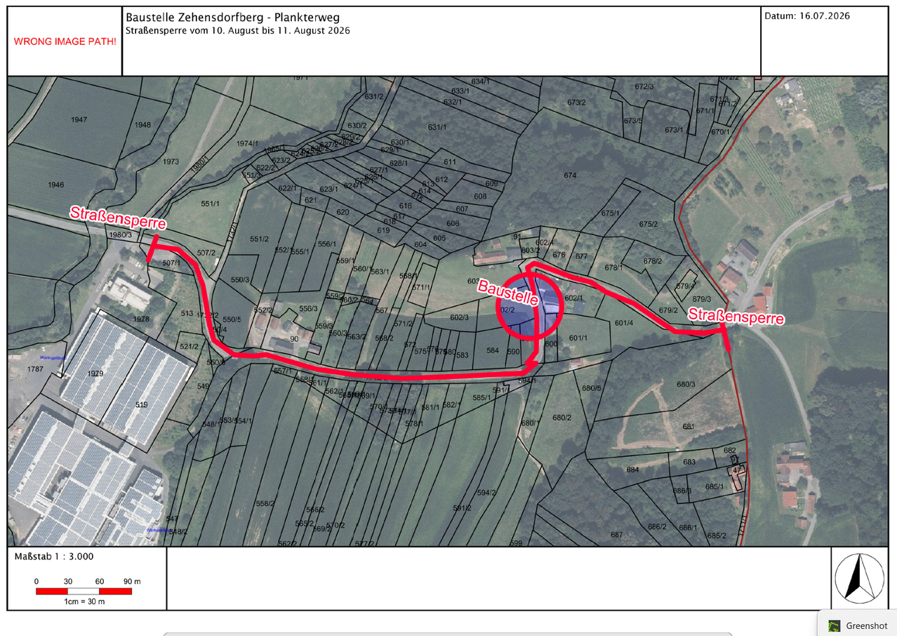Eine Karte zeigt eine Straßensperrung vom 10. bis 11. August 2026, mit einer roten Linie, die das betroffene Gebiet anzeigt.