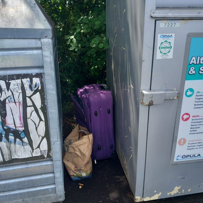 Ein lila Koffer und ein brauner Papiersack liegen neben einem Metallmülleimer und einem Metallrecyclingbehälter. Der Mülleimer hat Graffiti darauf.