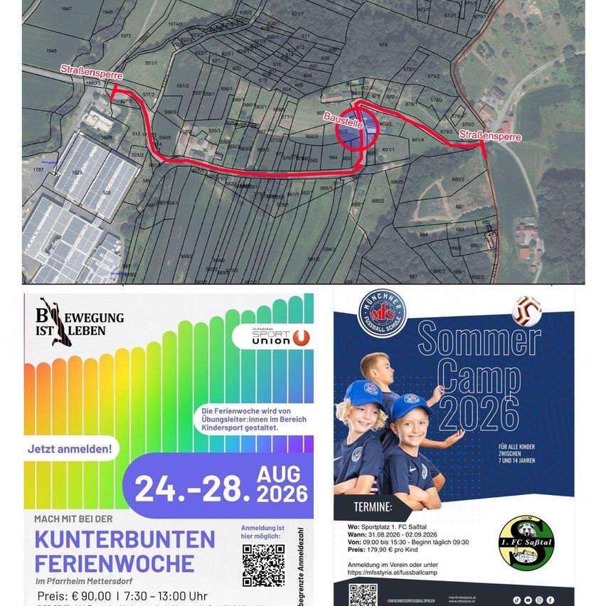 Eine Karte, die eine Solaranlage zeigt, mit einer roten Linie, die auf einen Weg zu einem Gebäude namens Baustelle hinweist. Die Karte ist in zwei Bereiche unterteilt, einen mit einem Farbverlauf und den anderen mit einem Plakat, das ein Sommercamp bewirbt.