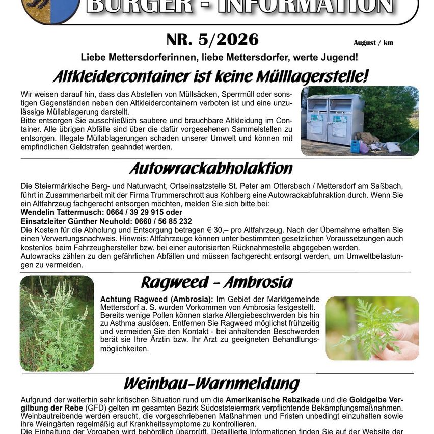 Ein Flyer mit blauem Rand und weißem Text auf weißem Hintergrund. Er enthält Informationen zur Abfallentsorgung und zu Ragweed. Es enthält Kontaktdaten für Abfallentsorgung und Ragweed-Beratung. Der Flyer enthält auch eine Warnung vor der amerikanischen Rebkrankheit und der goldenen Gelbverfärbung der Rebe.