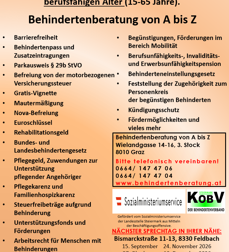 Ein Plakat mit einer Liste von Dienstleistungen für Menschen mit Behinderungen, einschließlich barrierefreiem Zugang, Parken, Versicherung und mehr. Es enthält auch Kontaktinformationen für einen Behindertenberatungsdienst.