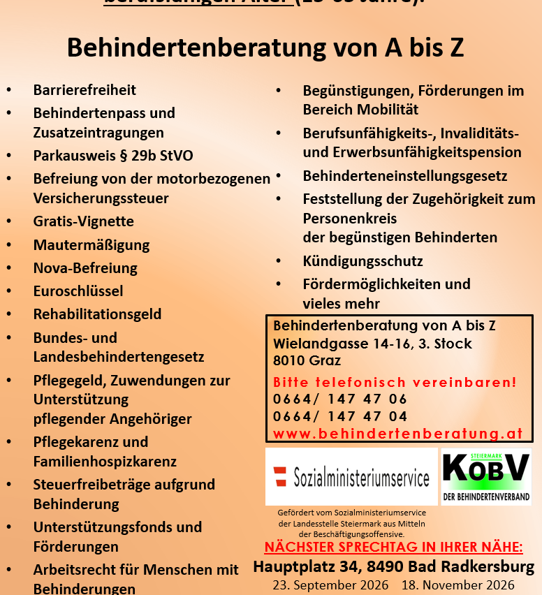 Ein Plakat mit einer Liste von Dienstleistungen und Vorteilen für Menschen mit Behinderungen, einschließlich barrierefreier Zugang, Behindertenausweise und verschiedene Zuschüsse und Unterstützung. Das Plakat enthält auch Kontaktdaten für weitere Hilfe.
