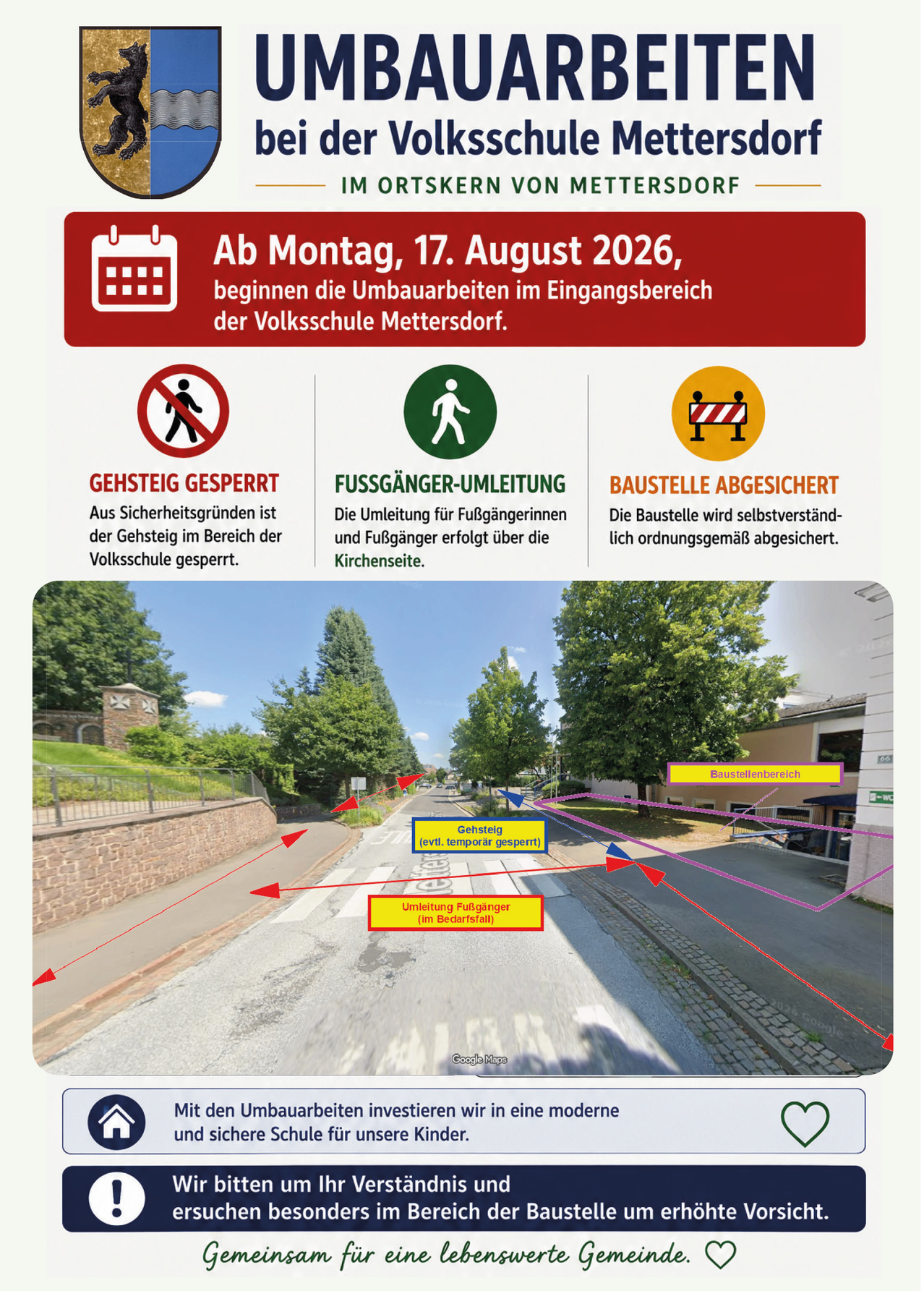 Ein Infografik über Bauarbeiten am Eingang der Volksschule Mettersdorf ab dem 17. August 2026. Es enthält Details zu Fußgänger- und Fahrradrouten sowie einer selbstverständlichen Baustellenabsperrung.