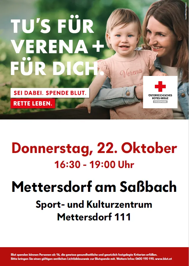 Plakat für eine Blutspende-Veranstaltung mit einem lächelnden Mutter-Kind-Paar, mit Angaben zum Datum und Ort der Veranstaltung.