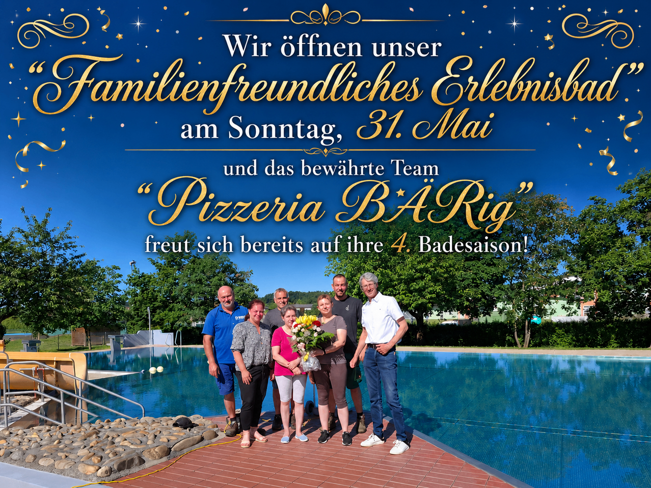 Ein familienfreundliches Ereignis am Sonntag, 31. Mai. Das Team von Pizzeria BA Rig freut sich auf die 4. Badesaison.
