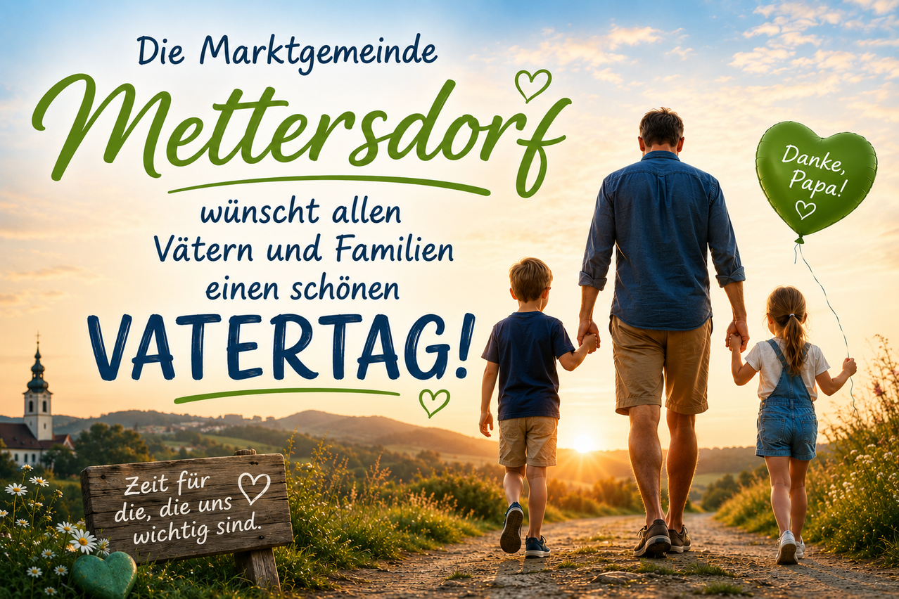 Ein Mann und ein Junge gehen auf einem Feldweg bei Sonnenuntergang. Das Bild zeigt den Text 'Mettersdorf wünscht allen Vätern und Familien einen schönen Vatertag!' in grün.