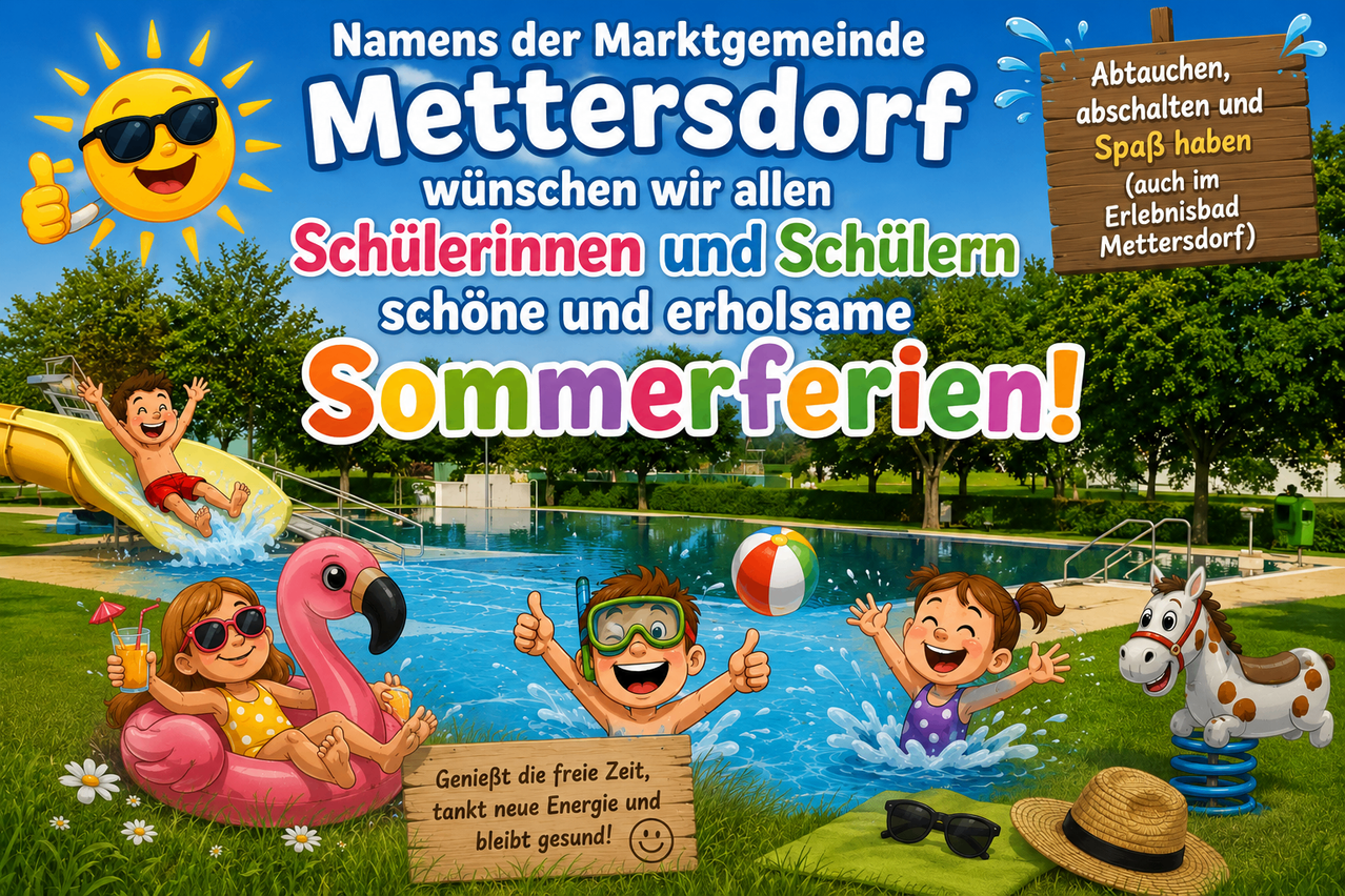 Sommerferien in Mettersdorf: Kinder genießen das Freibad mit Rutsche und Flamingo-Schwimmtier