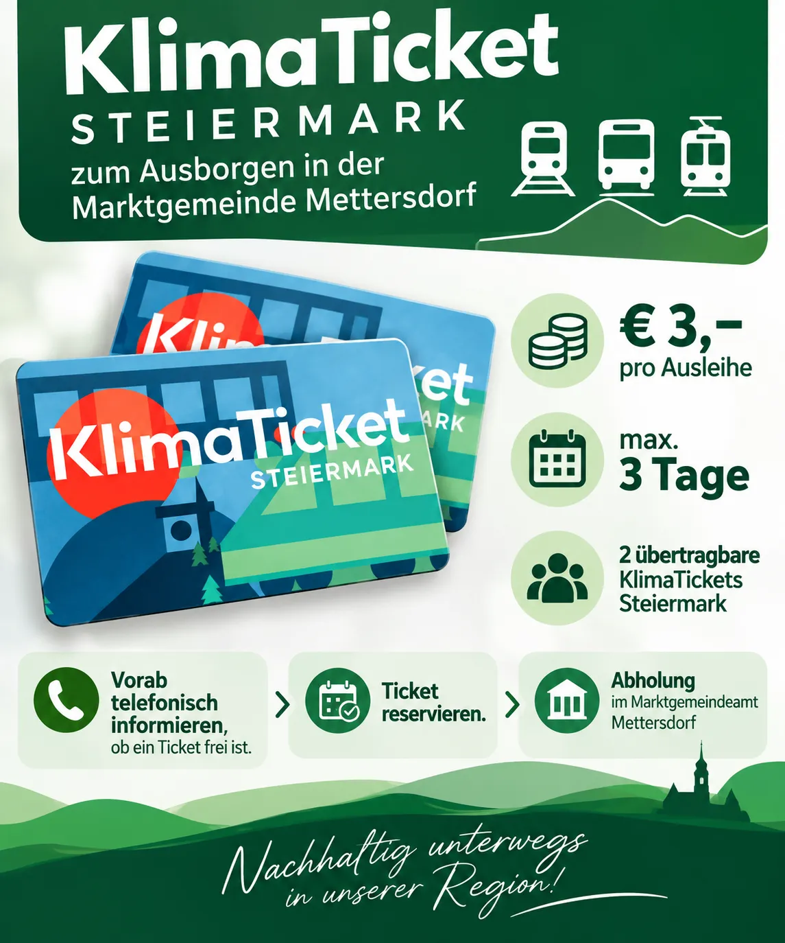 Eine Werbung für KlimaTicket Steiermark, ein Verkehrsticket für die Gemeinde Mettersdorf, mit zwei Tickets, Preisen und Reservierungsdetails.