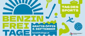 Plakat für einen benzinfreien Tag am 6. September. Es enthält Symbole einer Sonne, eines Tennisschlägers, eines Golfschlägers, eines Autos und einer Hantel.