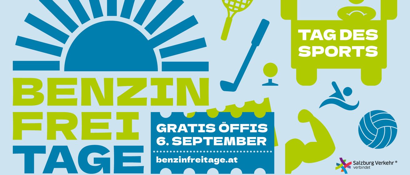 Plakat für einen benzinfreien Tag am 6. September. Es enthält Symbole einer Sonne, eines Tennisschlägers, eines Golfschlägers, eines Autos und einer Hantel.