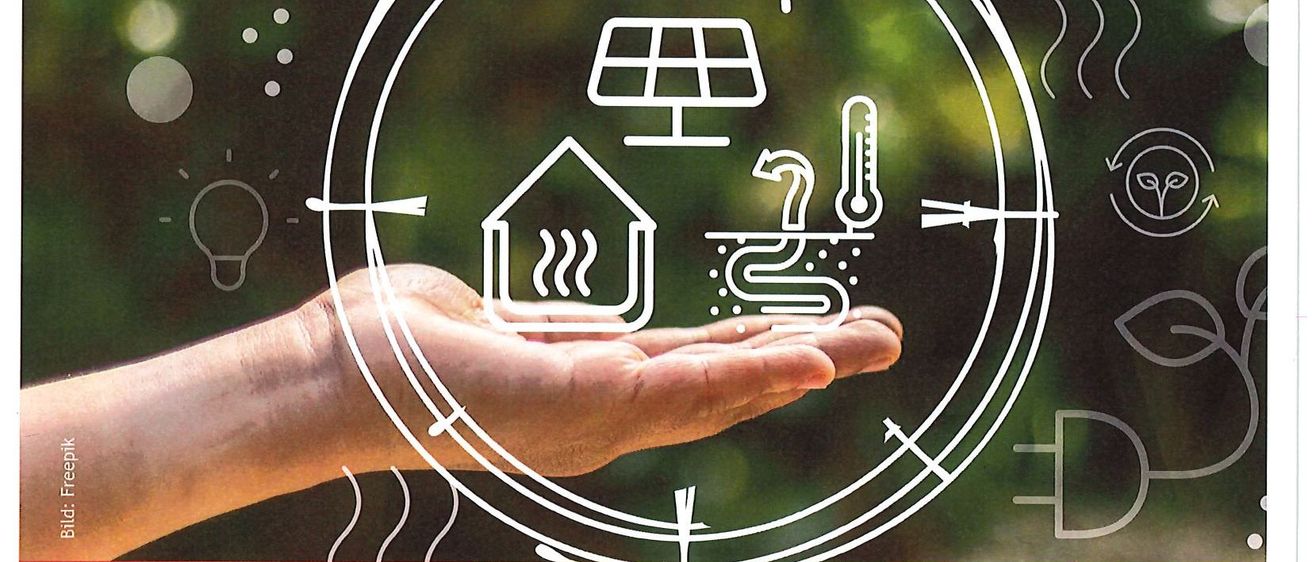 Eine Anzeige zu Energiefragen, die eine Hand mit einem Haussymbol zeigt. Es enthält Fragen zur Eignung des Hauses für Erdwärmeheizung, nahegelegene Fernwärmenetze und die Machbarkeit von Solaranlagen. Der Text ist gelb auf grünem Hintergrund.