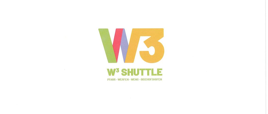 Das Bild zeigt das Logo für W3 Shuttle, das einen stilisierten Buchstaben 'W' in Grün, Rot und Gelb mit einer gelben '3' auf weißem Hintergrund darstellt. Unter dem Logo stehen die Worte 'W3 SHUTTLE' und 'PFARR - WERFEN - WENG - BISCHOFSHOFELN'.