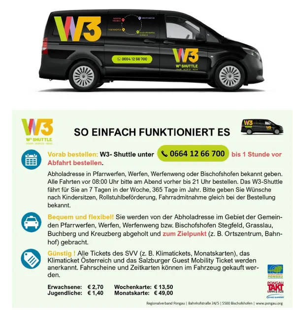 Das Bild zeigt einen schwarzen Van mit dem Text W3 Shuttle und einer Telefonnummer. Darunter sind Informationen über den Shuttle-Service angegeben, einschließlich Abholpunkten, Betriebstagen und Ticketdetails.