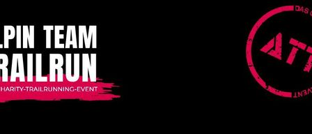 Ein Poster für das Spin Team Trailrun, ein wohltätige Traillauf-Event, auf schwarzem Hintergrund mit weißen und roten Texten. Das Logo ist ein roter Kreis mit weißen Buchstaben und einem pinkfarbenen Umriss.