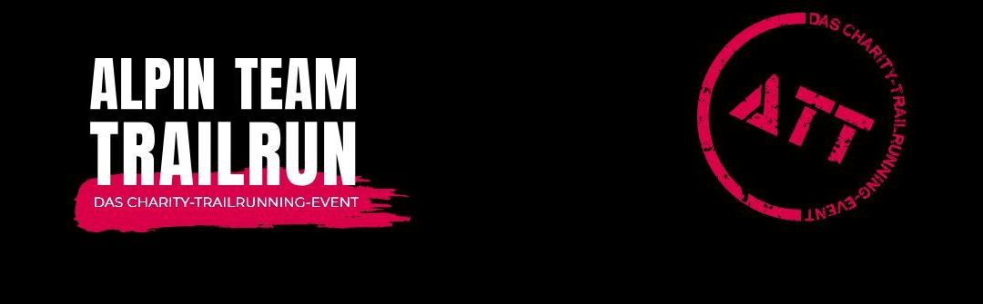 Ein Poster für das Spin Team Trailrun, ein wohltätige Traillauf-Event, auf schwarzem Hintergrund mit weißen und roten Texten. Das Logo ist ein roter Kreis mit weißen Buchstaben und einem pinkfarbenen Umriss.
