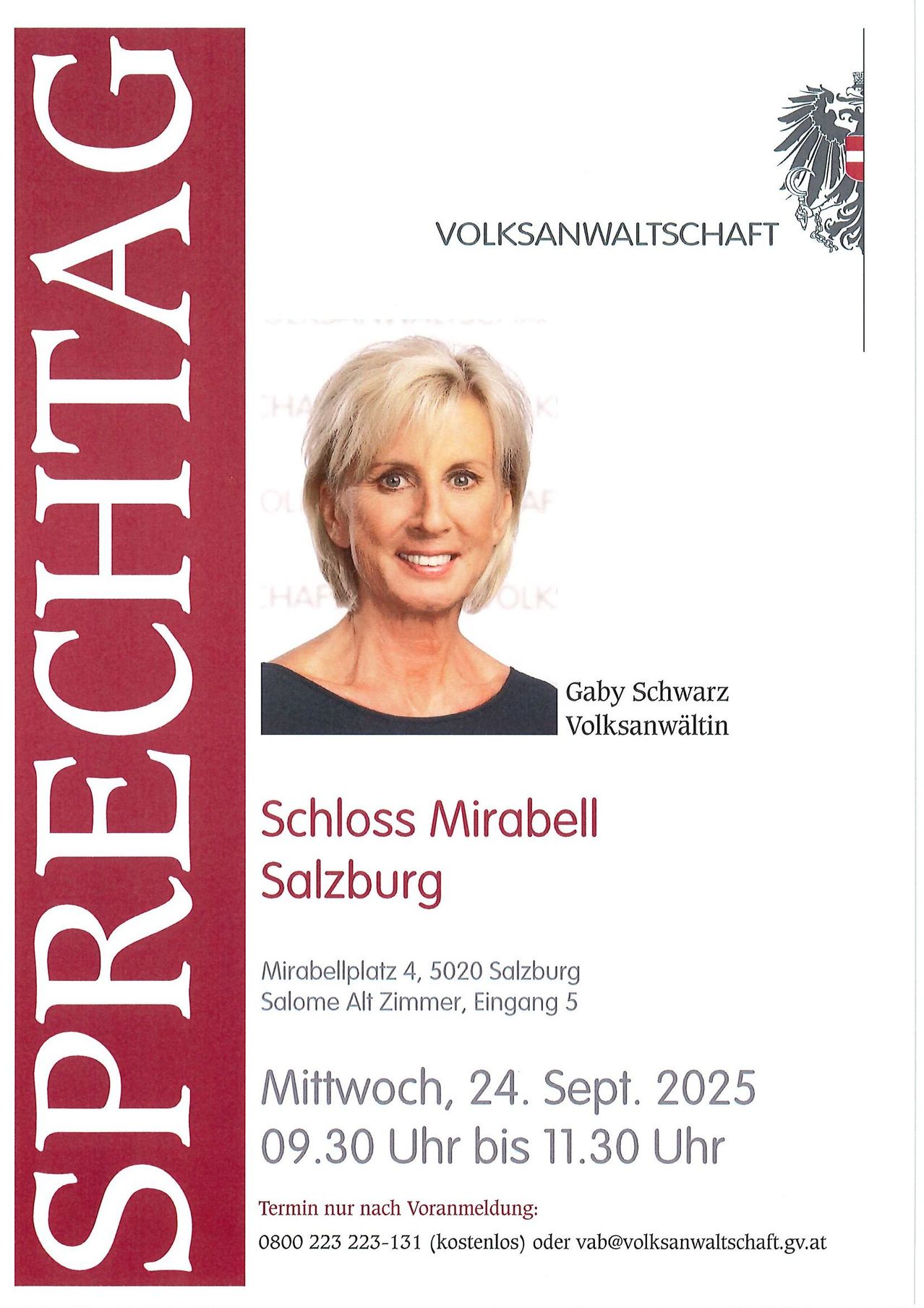 Ein Poster mit Gaby Schwarz, einer Frau mit kurzen blonden Haaren, lächelt. Es steht Schloss Mirabell Salzburg, Mirabellplatz 4, 5020 Salzburg, Salome Alt Zimmer, Eingang 5. Datum: Mittwoch, 24. September 2025.