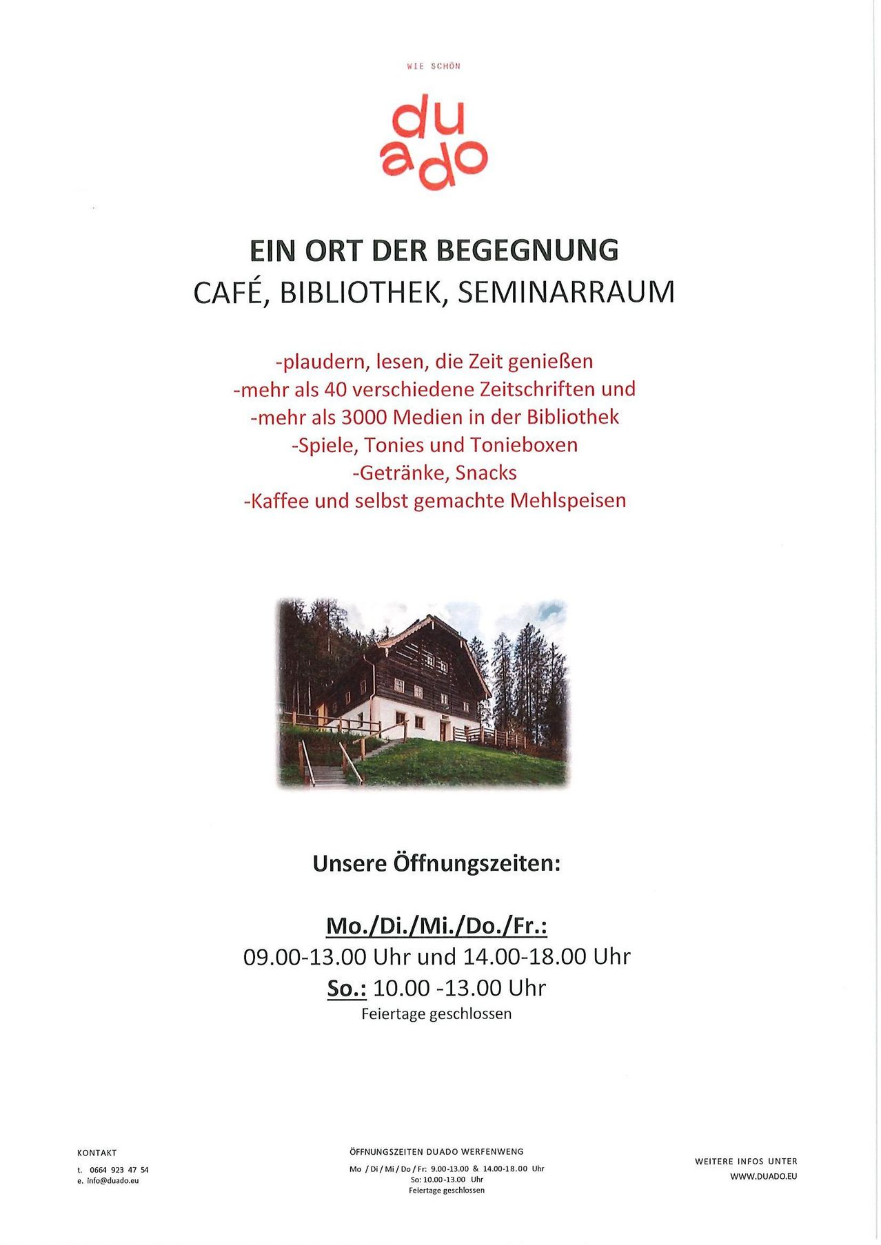 Das Bild zeigt ein Plakat für ein Café, eine Bibliothek und einen Seminarraum. Es bietet Kaffee, Snacks und selbstgemachte Kuchen. Die Bibliothek hat über 40 Zeitschriften und 3000 Medien. Die Öffnungszeiten sind von 9:00-13:00 und 14:00-18:00, an Feiertagen geschlossen.