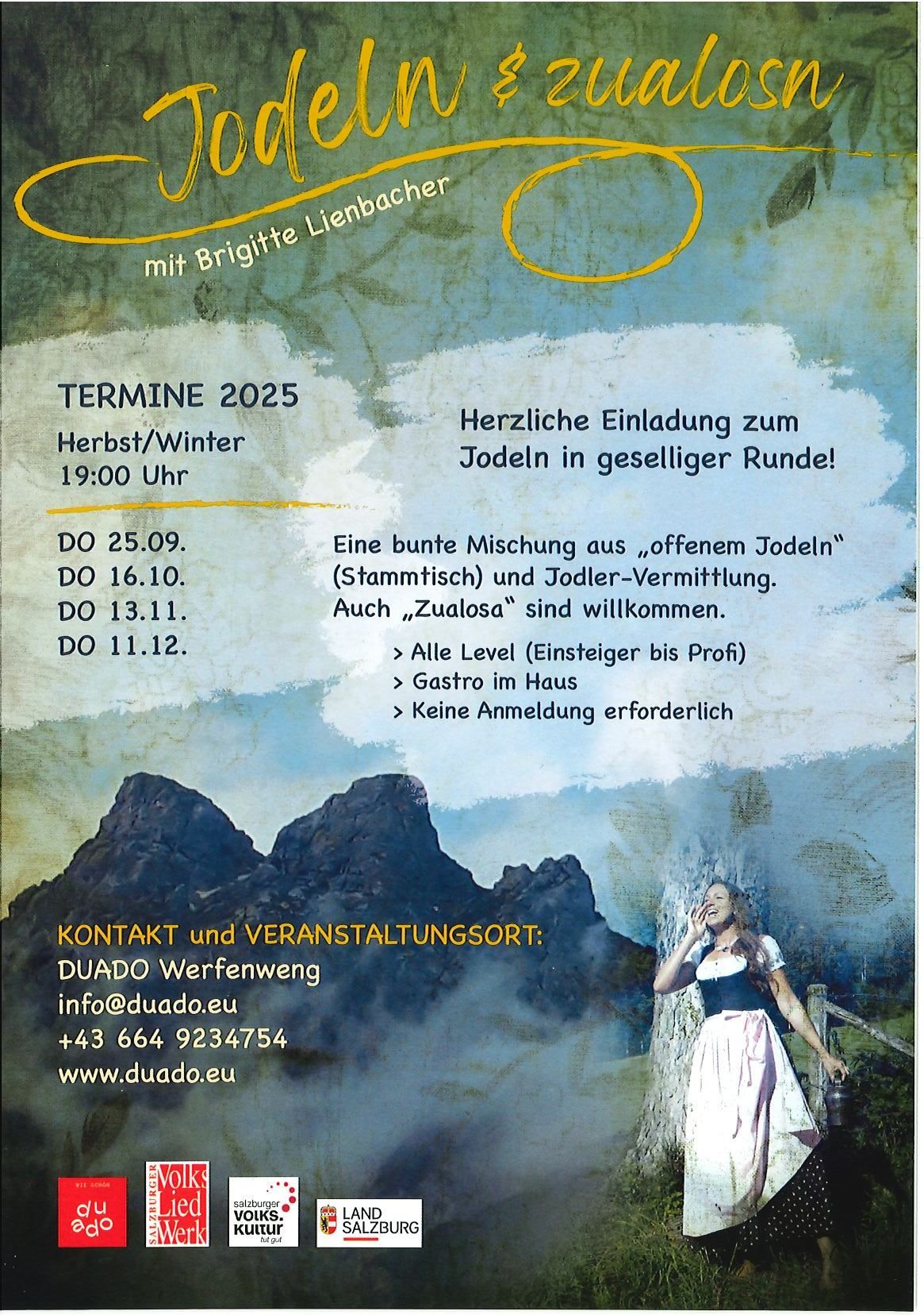 Ein Plakat mit einer lächelnden Frau unten rechts. Das Plakat bewirbt Jodellektion mit Brigitte Liebnach für Herbst und Winter 2025. Gelistete Termine sind 25. September, 16. Oktober, 13. November und 11. Dezember. Kontaktinformationen und Website bereitgestellt.