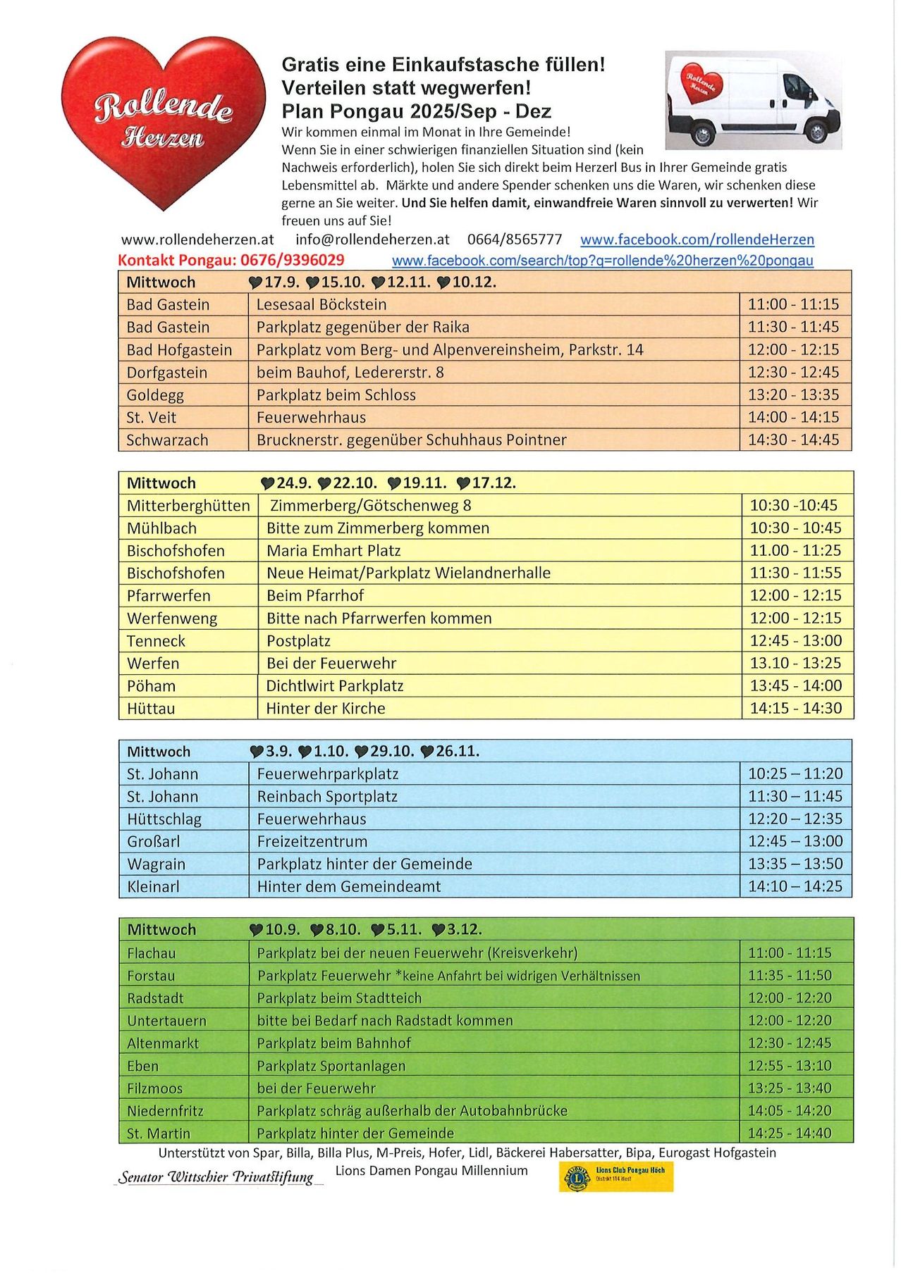 Das Bild zeigt einen Zeitplan für eine Gemeinde in Österreich, einschließlich Abholzeiten für verschiedene Dienstleistungen wie Müllabfuhr und Feuerwehr-Abholungen. Der Zeitplan ist nach Ort und Wochentag organisiert.