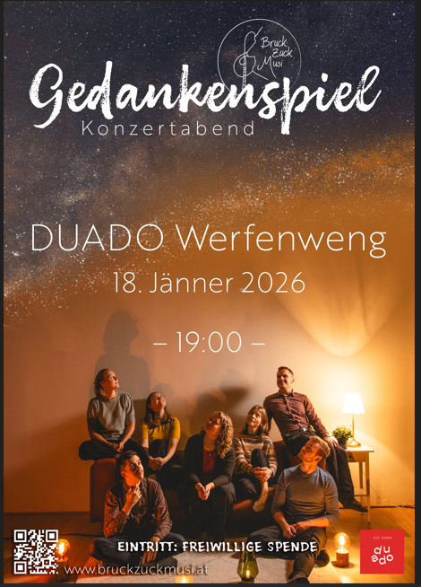 Plakat für eine Konzertveranstaltung namens 'Gedankenspiel Konzertabend' von Duodo Verfenwung. Die Veranstaltung ist für den 18. Januar 2026 um 19:00 Uhr geplant. Das Bild zeigt eine Gruppe von Menschen, die in einem Raum mit Kerzen und einem QR-Code sitzen.