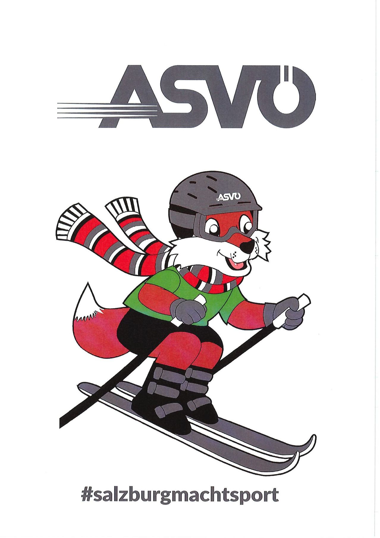 Ein gezeichneter Fuchs in einem grünen Shirt, roten Hosen, einem Schal und einem Helm skifahrert einen schneebedeckten Hügel hinunter.