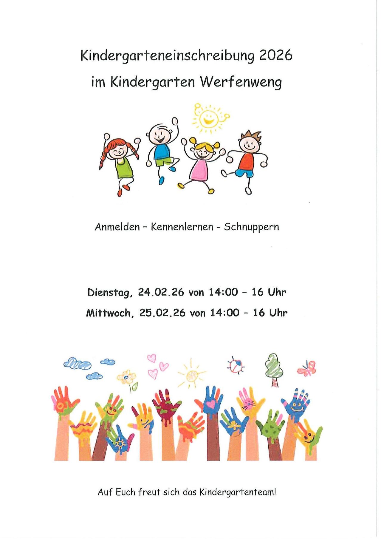 Plakat für den Kindergarten Wertenweg mit Kinderillustrationen, Veranstaltungsdaten und -zeiten. Es steht 'Anmelden - Kennenlernen - Schnuppern'. Veranstaltungen sind am Dienstag 24.02.26 und Mittwoch 25.02.26 von 14:00 bis 16:00 Uhr.