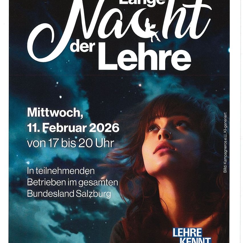 Plakat für die 'Nacht der Lehre'-Veranstaltung. Eine Frau schaut nach oben, sternenklarer Nachthimmel. Datum: Mittwoch, 11. Februar 2026, 17-20 Uhr. Veranstaltung in allen teilnehmenden Regionen Salzburgs.
