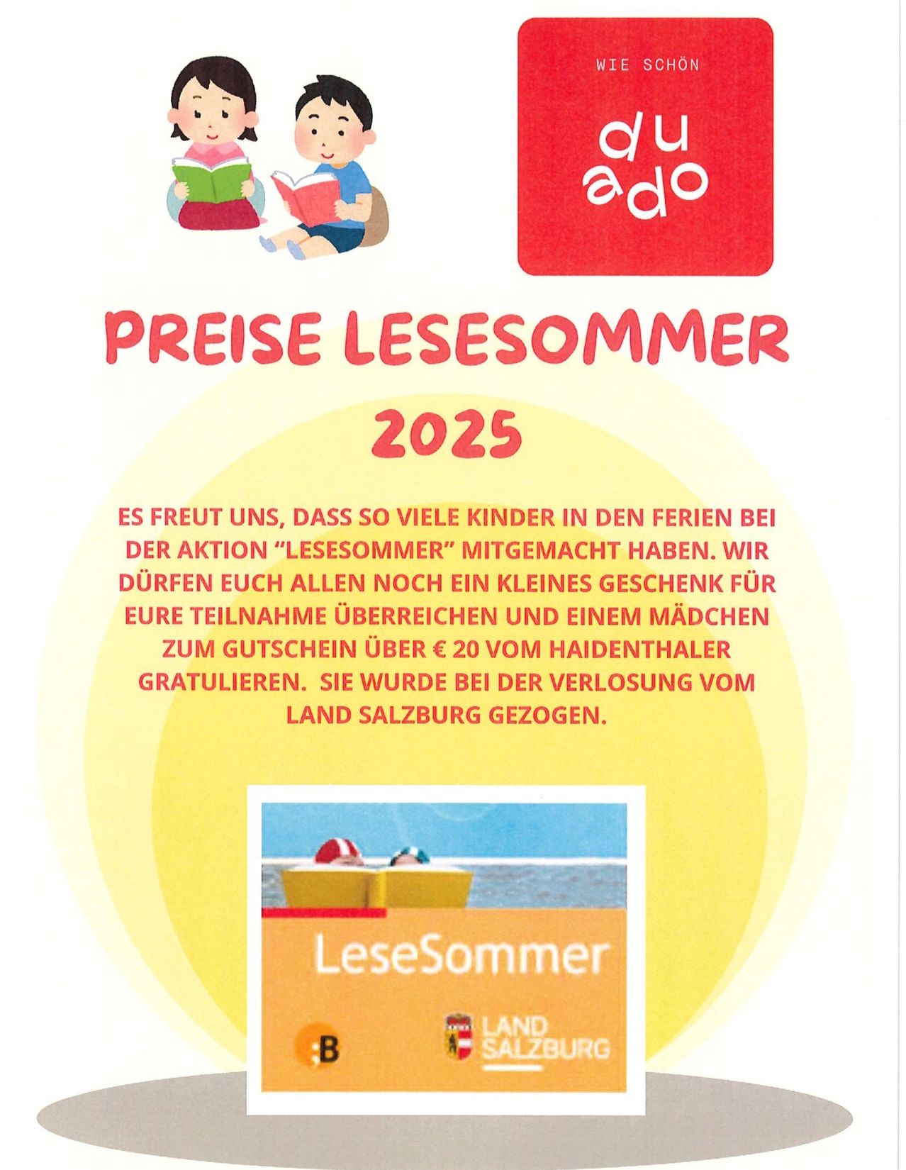 Das Bild zeigt eine Ankündigung für 'Lesesommer 2025' mit Illustrationen von Kindern beim Lesen und einem farbenfrohen Hintergrund. Der Text enthält eine Dankesbotschaft für die Teilnahme am Lesesommer und erwähnt ein kleines Geschenk für die Teilnehmer.