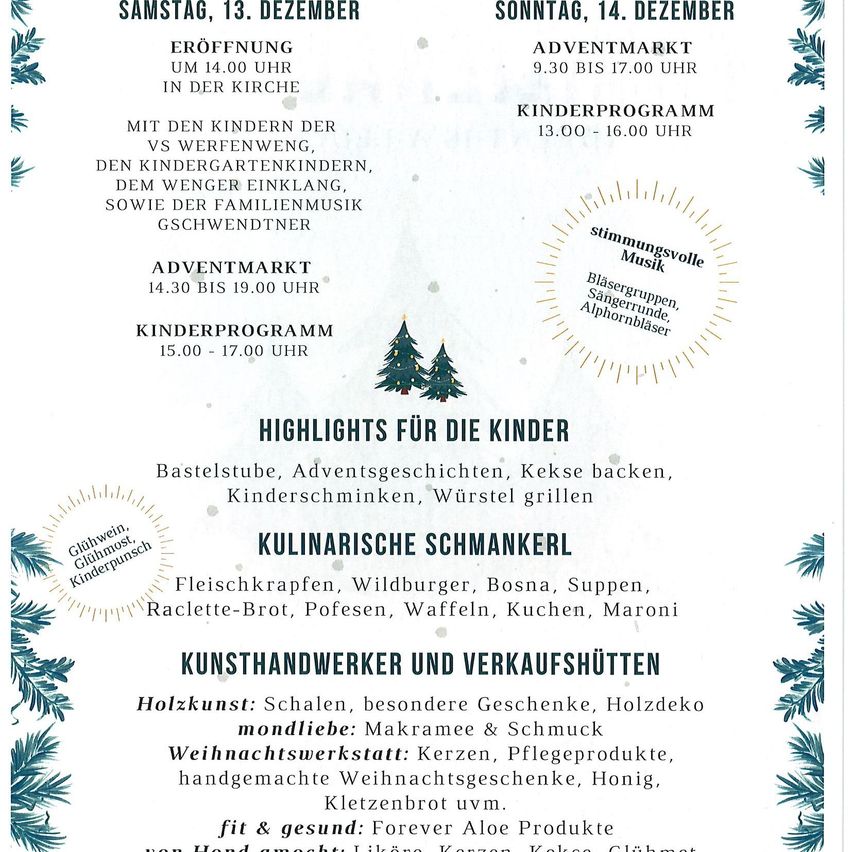 Ein Bild zeigt zwei Tage mit Aktivitäten, Samstag, 13. Dezember und Sonntag, 14. Dezember. Samstag beginnt um 14:00 Uhr, ein Adventsmarkt von 14:30 bis 19:00 Uhr und ein Kinderprogramm von 15:00 bis 17:00 Uhr. Sonntag beinhaltet einen Adventsmarkt von 9:30 bis 17:00 Uhr und ein Kinderprogramm von 13:00 bis 16:00 Uhr. Höhepunkte für Kinder sind Basteln, Geschichtenerzählen, Backen und Kochen. Es gibt auch kulinarische Genüsse, Kunst- und Verkaufsstände und einen Fokus auf Fitness und Gesundheit.