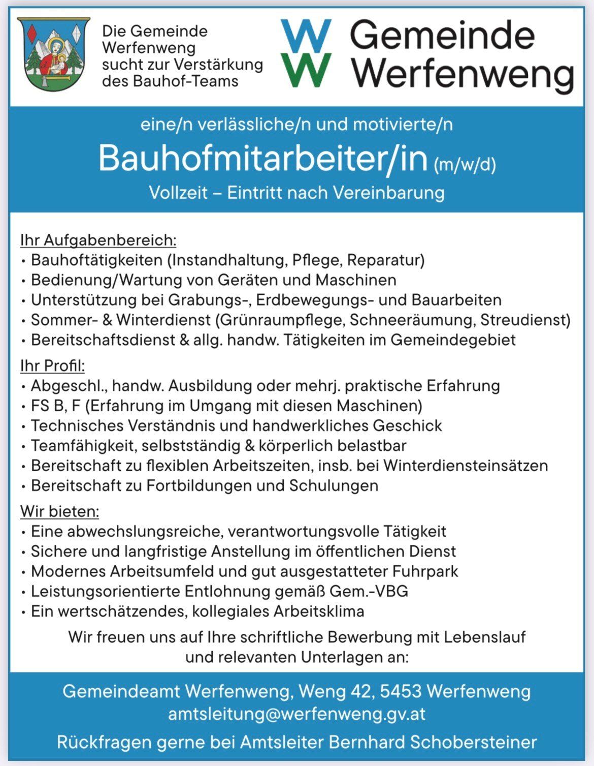Job offer for a reliable and motivated construction site worker/in. Duties include office tasks, equipment maintenance, and assisting with excavation, earth movement, and construction work. Summer and winter services are required. Skilled and practical experience required. We offer a varied, responsible job with long-term employment in public service.