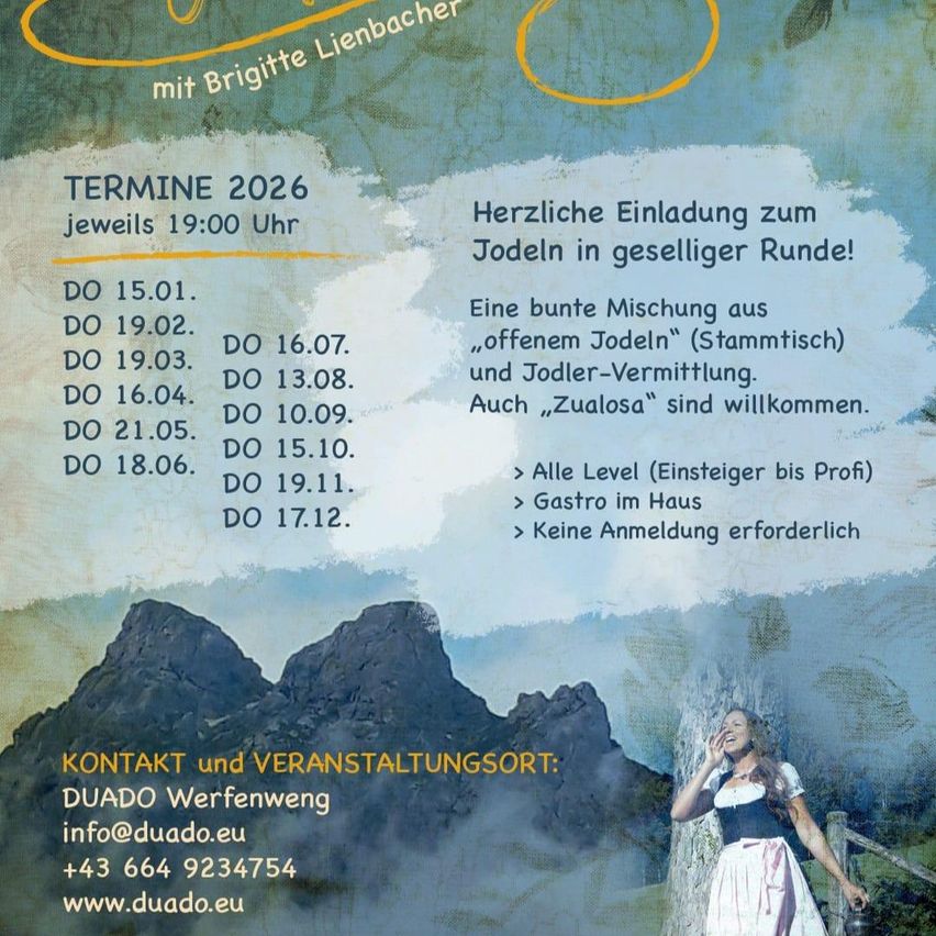 Poster for a series of yodeling events. Dates and times listed with contact information for DUADO Werbenweg. A woman in traditional attire is featured.