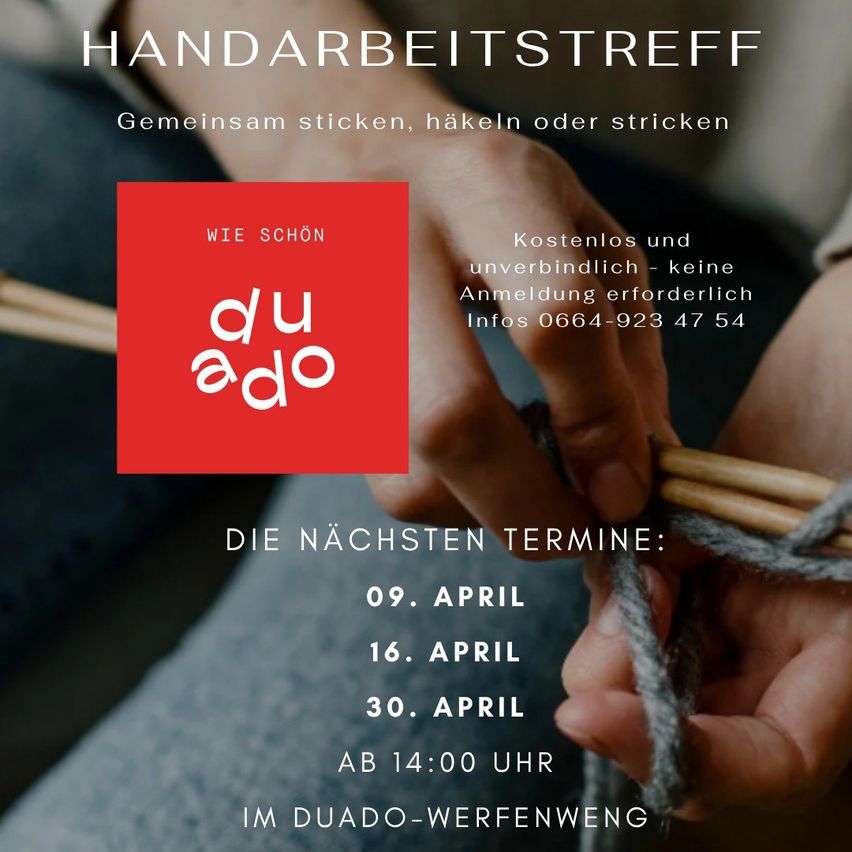 An advertisement for a handicraft meeting. Hands are seen knitting, with dates and contact info displayed.