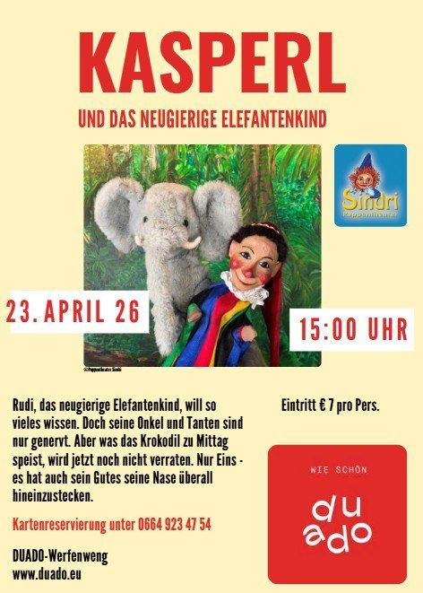 Poster for Kasperl and the curious elephant child. Featuring a clown and elephant with a date and time. Ticket price and reservation info are provided.