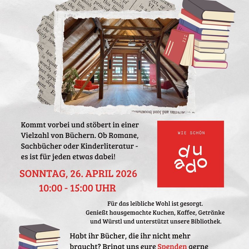 An image showing an attic with wooden beams and floor, featuring stacks of books and a plant. Text invites to a book event on April 26, 2026, offering homemade food and supporting the library.