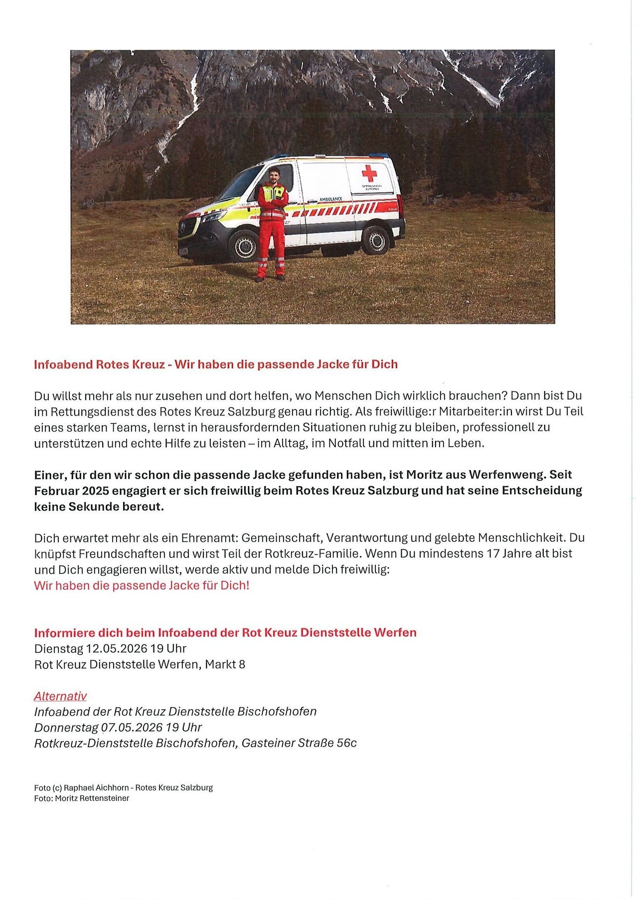 Infoabend Rotes Kreuz - Wir haben die passende Jacke für Dich. Du willst mehr als nur zusehen und dort helfen, wo Menschen Dich wirklich brauchen? Dann bist Du im Rettungsdienst des Rotes Kreuz Salzburg genau richtig. Als freiwilliger Mitarbeiter:in wirst Du Teil eines starken Teams, lernst in herausfordernden Situationen ruhig zu bleiben, professionell zu unterstützen und echte Hilfe zu leisten - im Alltag, im Notfall und mitten im Leben.