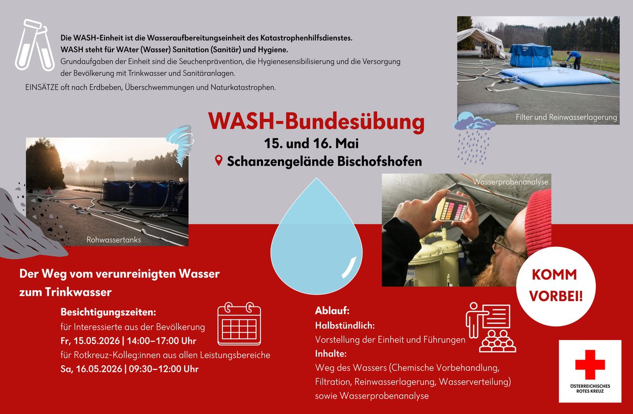 WASH-Bundesübung am 15. und 16. Mai in den Schanzengeländen Bischofshofen. Die Einheit Wasser (WASH) Sanitär und Hygiene des Katastrophenhilfsdienstes wird präsentiert. Wasseraufbereitungstanks und Vorführungen.