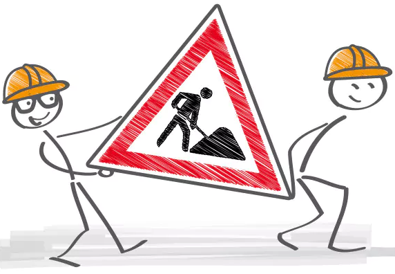 Zwei Cartoon-Bauarbeiter halten ein Schild mit einem Mann, der gräbt. Das Schild hat einen roten Rand.