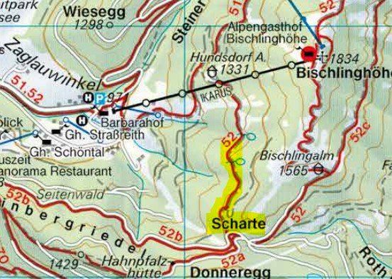 Eine detaillierte Karte, die Wanderwege, Höhen und bemerkenswerte Orte wie Bischinghoehe und Barbarahof zeigt. Die Karte enthält einen roten Punkt, der einen bestimmten Punkt von Interesse markiert.