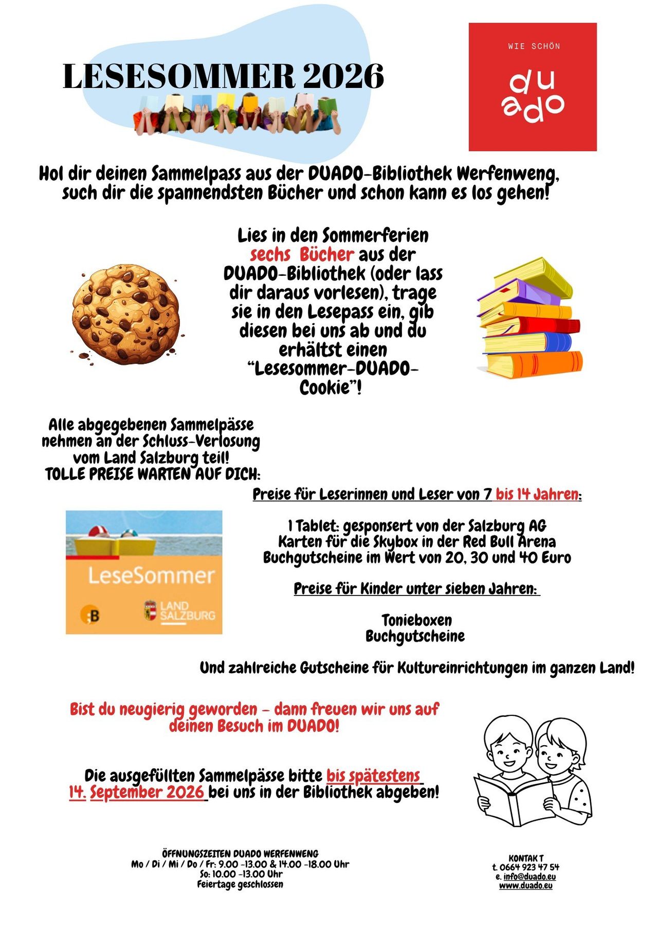 Ein Bild zeigt einen Keks, Bücher und Kinder beim Lesen. Es bewirbt einen Lesepass von der DUADO-Bibliothek. Der Pass ermöglicht das Lesen von sechs Büchern und das Erhalten eines Kekses. Lesepässe sind für Kinder von 7 bis 14 Jahren erhältlich.