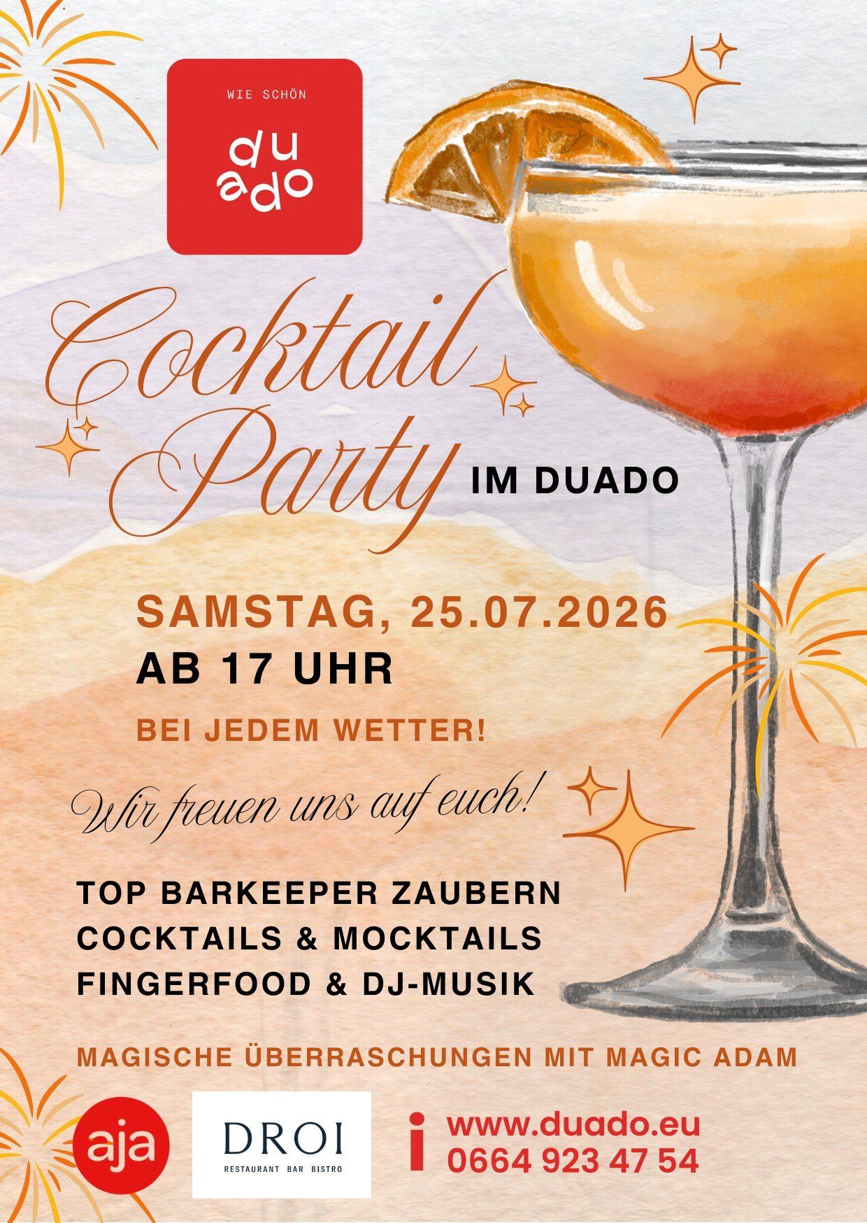 Cocktail Party event poster with a drink glass, beach background, and fireworks. Scheduled for Saturday, July 25, 2026, starting at 5 PM. Hosted by Duodo.