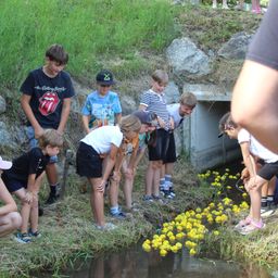 Eine Gruppe von Kindern versammelt sich um einen kleinen Bach und schaut auf gelbe Enten, die im Wasser schwimmen. Einige der Kinder tragen Mützen und Turnschuhe.