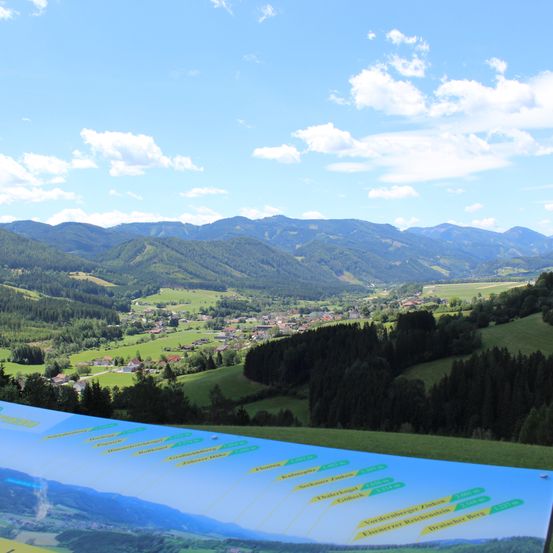 Ein Panoramablick auf eine Berglandschaft mit einem Dorf im Tal. Der Himmel ist klar mit verstreuten Wolken. Ein blaues Informationsschild ist im Vordergrund sichtbar.