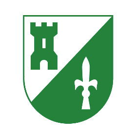 Ein grüner Schild mit einer weißen Burg auf der linken Seite und einer weißen Fleur-de-Lys auf der rechten Seite.