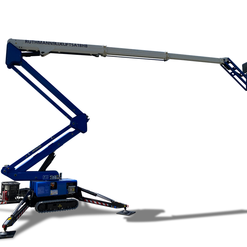 Ein Bild eines blauen Ruthmann Bluelift Teleskopauslegers vor schwarzem Hintergrund.