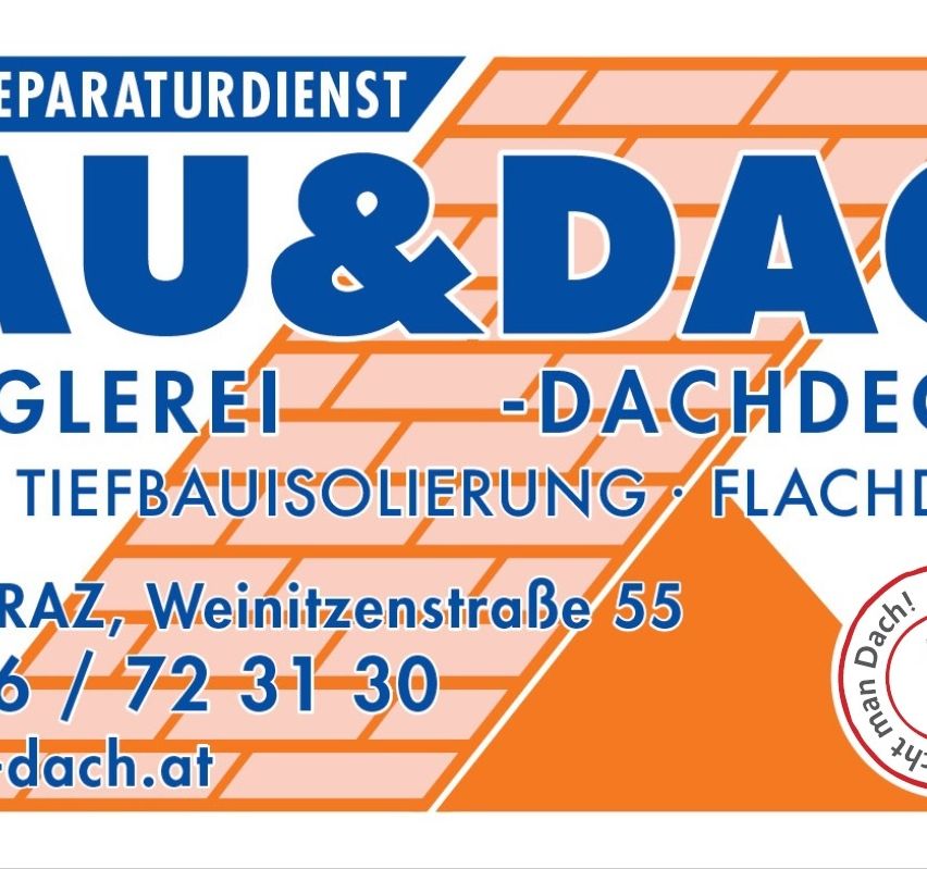AU&DA Logo für Dachdämmungsdienste, ansässig in Weinitzenstrasse 55, Kontaktnummer 72 31 30 und Webseite dach.at.