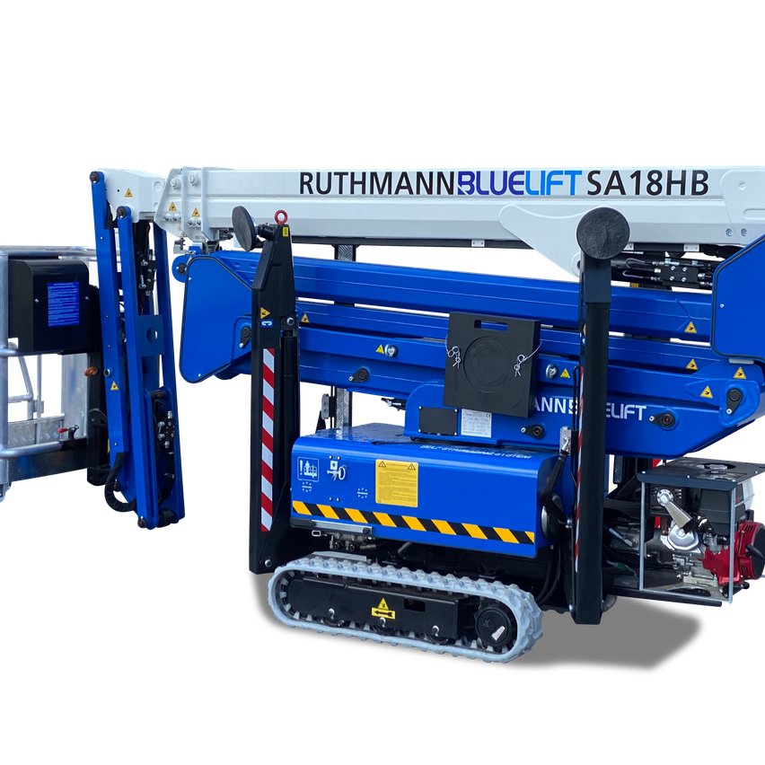 A blue Ruthmann BlueLift SA18HB crawler boom lift is displayed on a black background. It features a white top section and a blue body with yellow safety signs.